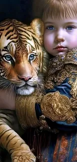 Fantasy art of child with tiger in royal attire, mobile wallpaper.