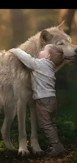 Child hugging a wolf in a peaceful forest setting.