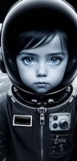 Digital art of child astronaut in space helmet with earth background.