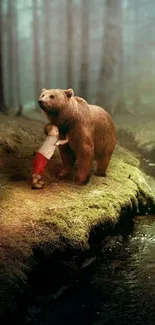 Child hugging a bear in a tranquil forest setting.