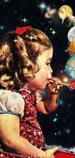 Child blowing bubble planets in cosmic scene wallpaper.