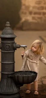 Child plays at vintage fountain with a warm historic background.