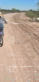 A child rides a bike on a dirt road, surrounded by nature and digital effects.