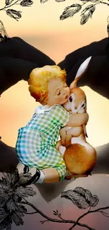 Child hugging rabbit in vintage style art with pastel background.