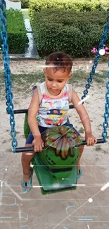 Child enjoying a swing in a green park setting.