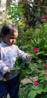 Child in a garden, exploring lush plants with red flowers scattering around.