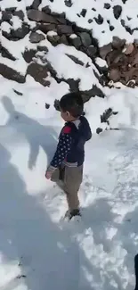 Child walks in snowy landscape with rocky background.