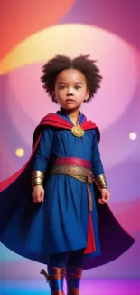 Child dressed as a hero with a colorful background.