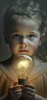 Child holding a glowing light bulb against a dark background in artistic style.