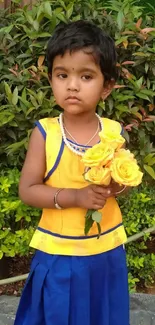 Child in a blue and yellow dress holding yellow roses.