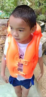 Child wearing bright orange life vest in pool setting.