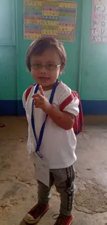 Child smiling in a colorful classroom setting.