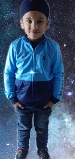 Child in blue jacket against a cosmic galaxy background.