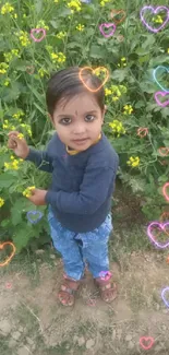 A young child stands joyfully amidst green and yellow in a vibrant field.