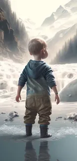 Child stands before a scenic mountain landscape, evoking peace and adventure.