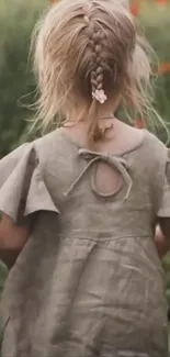 Child in a field, wearing a dress, with braided hair.