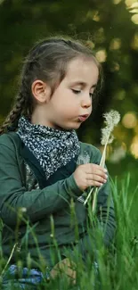 Child blowing dandelion in a lush green setting with braided hair.