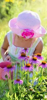 Child in garden surrounded by purple flowers and greenery.