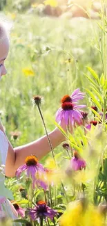 Young child exploring a sunlit field with vibrant wildflowers.