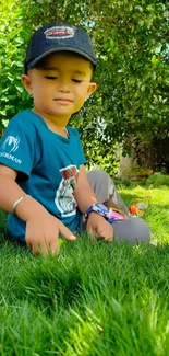 Child sitting on green grass under a tree in a sunny garden.