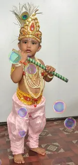 Child in vibrant traditional attire holding a decorative flute.