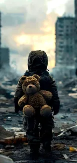 Child holding teddy bear in urban decay setting.