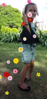 Child in garden with colorful floral elements, captured on a sunny day.