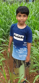 Child in vibrant green field, serene and peaceful.