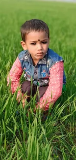 Child in denim jacket sitting in green field on a sunny day.