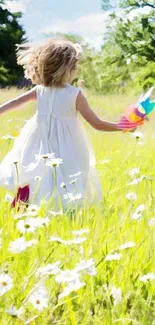 Child runs through flower-filled meadow with green grass and blue sky.