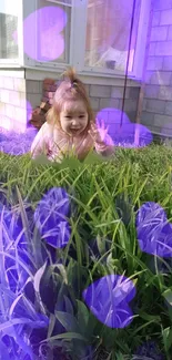 Happy child in garden with purple hues.