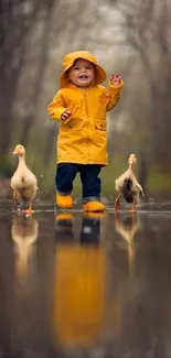 Child in a yellow raincoat walking with ducks in a rainy path.