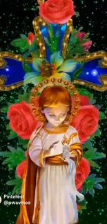 Wallpaper of Child Jesus with roses and a cross in vibrant colors.