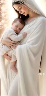 Mother holding child in peaceful embrace with glowing background.