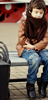 A child in a brown jacket sitting alone on a park bench with red background.