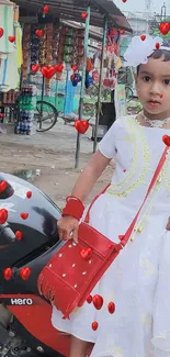 Child in traditional attire sitting on a motorcycle in village street.