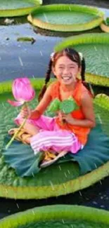 Child sitting joyfully on a large lilypad with a pink lotus flower.