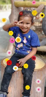 Happy child sitting on tree stump in park setting.