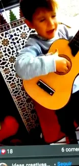 Child joyfully playing acoustic guitar with colorful decor in background.