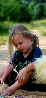 Child sitting on a dirt path playing outdoors, surrounded by greenery.