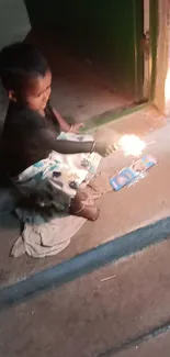 Child plays with sparklers on a stone step at night.