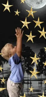 Child reaching for golden stars under a moonlit sky.