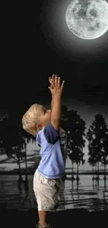 Child reaching up towards the glowing moon over a serene night backdrop.