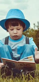 Young child in blue hat reading on grass.