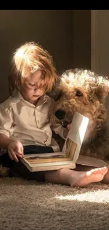 Child reading a book with a dog companion, surrounded by warm light.