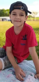 Child wearing a red shirt relaxing on a blanket in a sunny park.