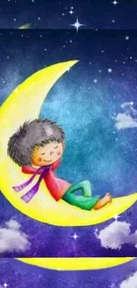 Child relaxing on a crescent moon with a starry night background.