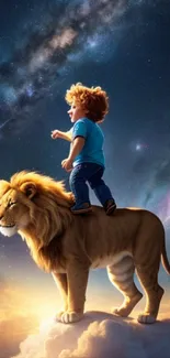 Boy riding a lion under a starry galaxy sky, exuding fantasy and adventure.