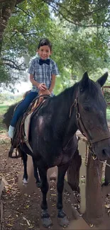 Child riding a horse in a lush forest setting