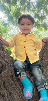 Child sitting on tree smiling with bright clothing.